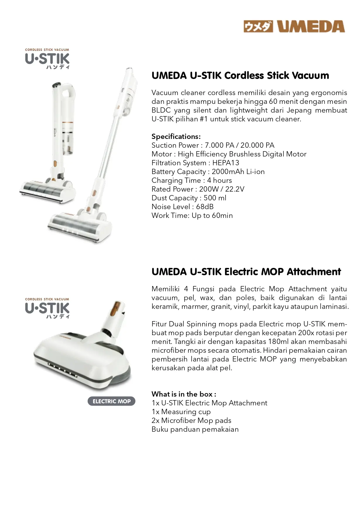 U-Stik Cordless Stick Vacuum Cleaner, Electric Mop Umeda