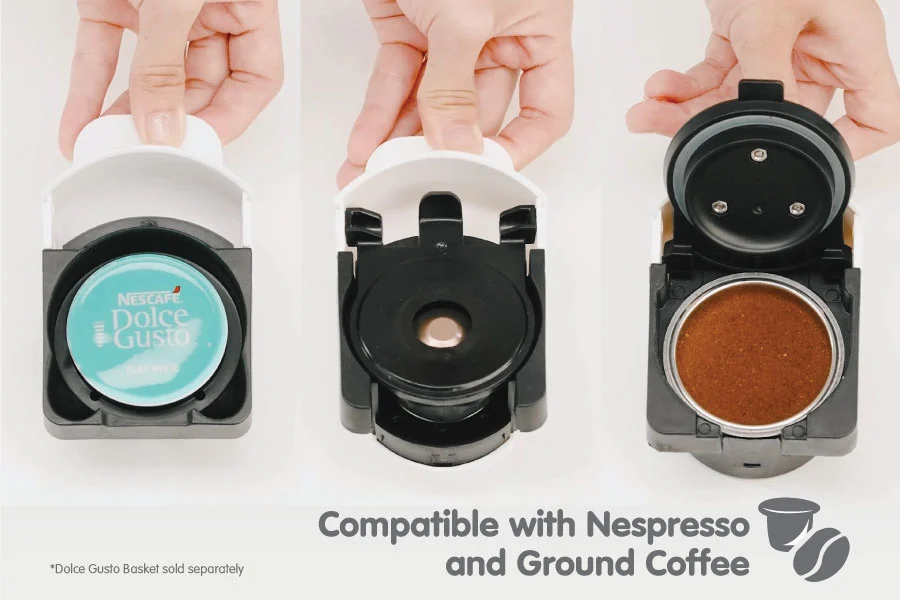 Nikmati pilihan rasa kopi beragam dengan satu mesin BRU, dapat digunakan untuk adapter Nespresso, Dolce Gusto (optional), dan Ground Coffee (kopi bubuk).